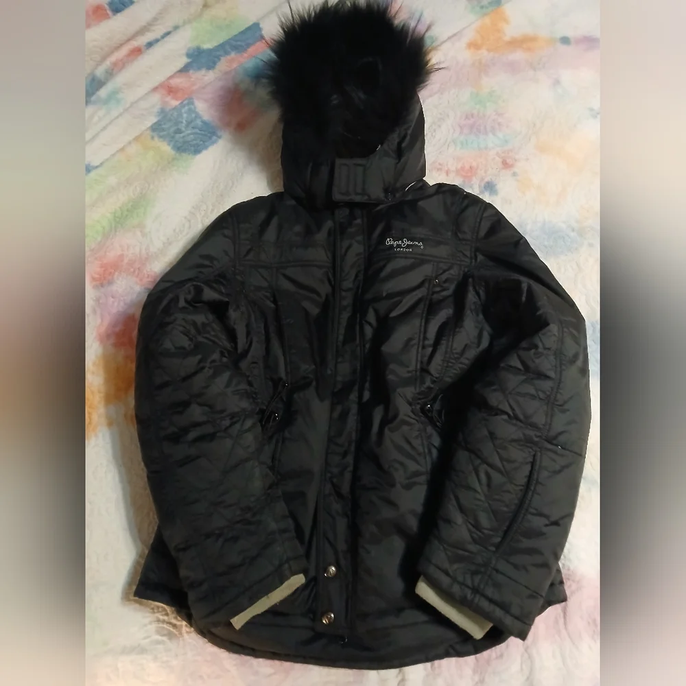 Pepe Jeans‎ London. Black Hooded Winter Jacket with Fur Trim. SzXL